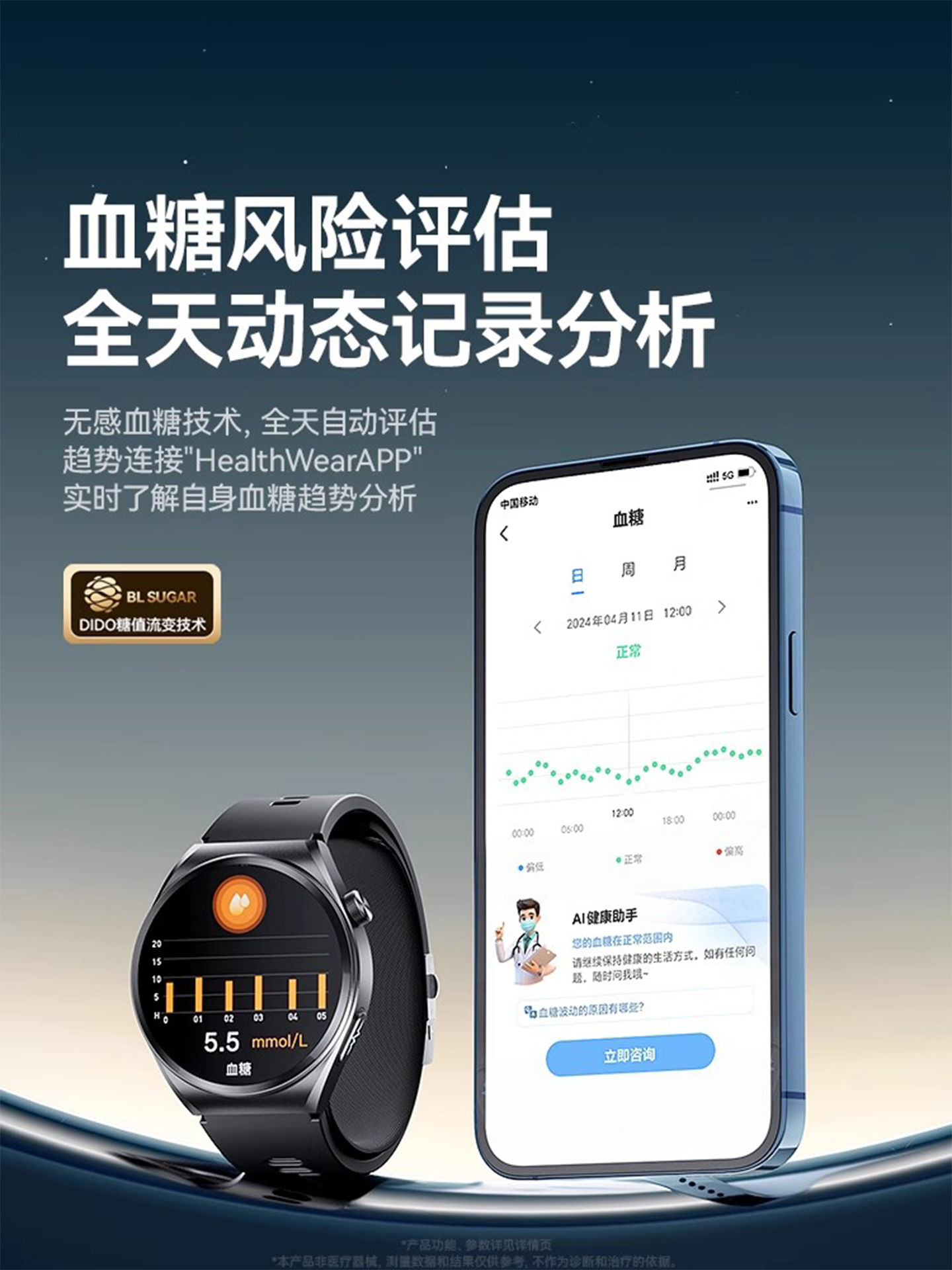 dido气泵式血压风险评估手表血糖尿酸血脂心电风高精度测心率血氧监测老人健康远程智能手环